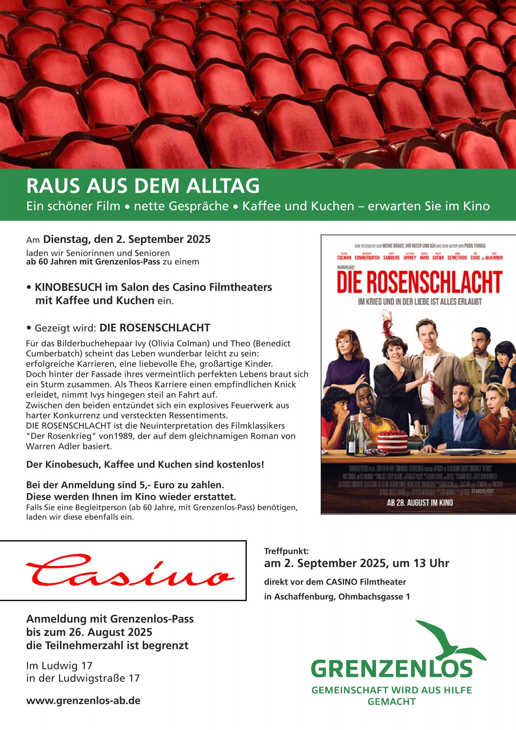 Einladung zum Kinobesuch im Casi-Kino am 02.09.2025 Es wird der Film "Die Rosenschlacht" gezeigt. Der Kinobesuch, Kaffee und Kuchen sind kostenlos. Anmeldeschluss ist der 26. August 2025.